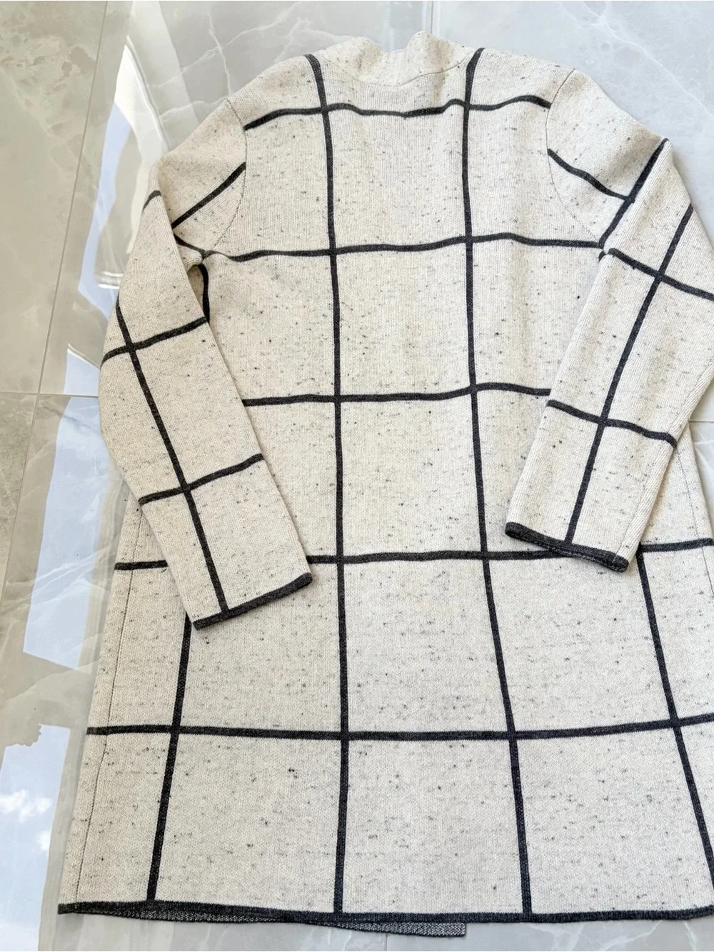 Eileen Fisher Peppered Windowpane Wool Organic Cotton Open Front Cardigan Large - Picture 8 of 8
